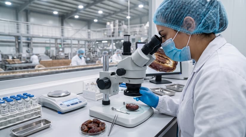 Lab technician inspecting a date sample under a microscope