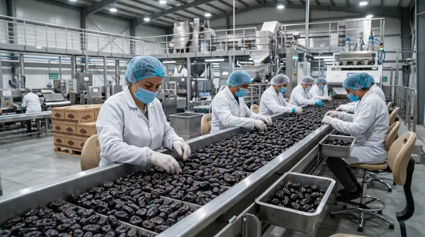 Workers hand-sorting dates on the grading line